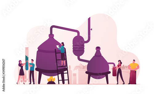 Tiny Characters Create new Recipe Distilling Liquid in Apparatus for Essential Oil Extraction in Lab. Cosmetic Perfumery Production, Floral Toilet Water Fragrance. Cartoon People Vector Illustration