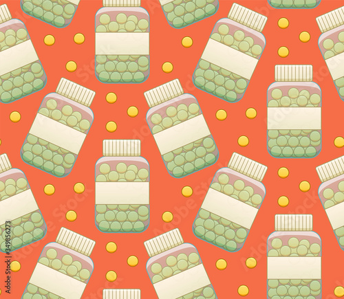 Bottles with round fish oil pills seamless pattern on orange background