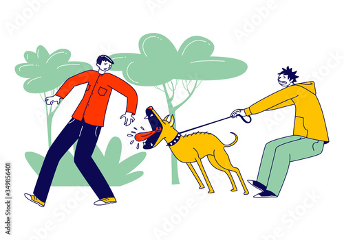 Scared Passerby Male Character Dash Aside of Dog Attack him in Park. Owner Holding Aggressive Pet on Leash. Animal Barking and Trying to Bite Man Walking on Street. Linear People Vector Illustration