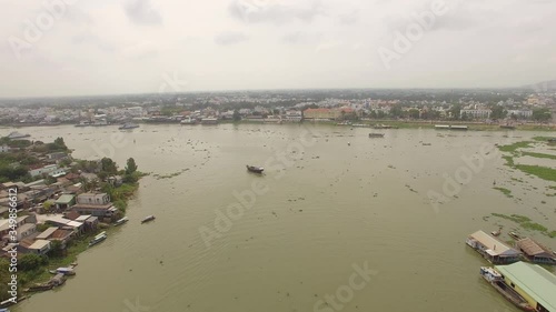 Aerial view floating boat life in Mekong River Delta in An Giang, Vietnam photo