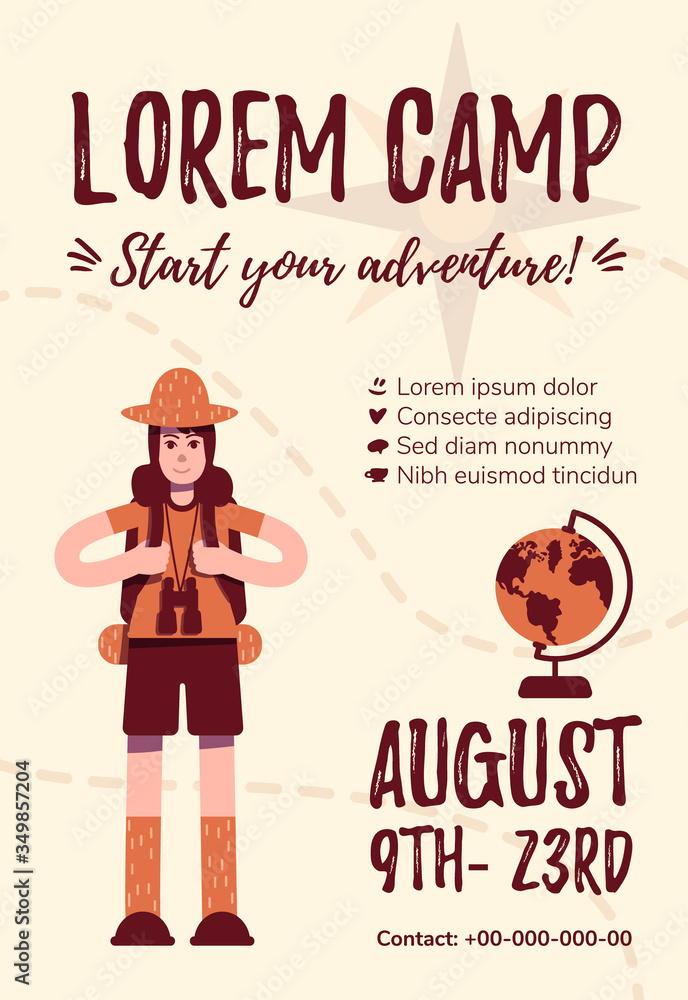 Stockvector Summer camp poster flat vector template. Recreation on