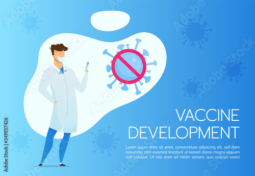 Coronavirus vaccine development banner flat vector template. Brochure, poster concept design with cartoon character. Medic in face mask with syringe horizontal flyer, leaflet with place for text