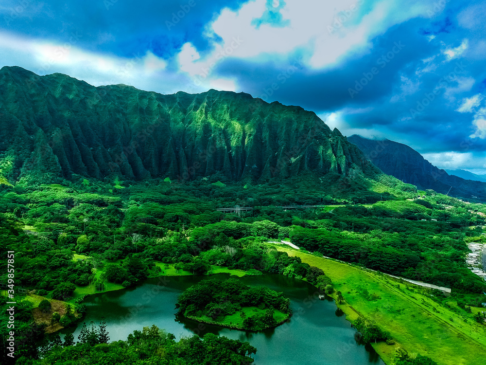 Panoramic View of a beautiful of the mountains Waikiki Honolulu Hawaii with beautiful jagged green cliffs Panoramic View of a beautiful of the mountains Waikiki Honolulu Hawaii with beautiful jagged green cliffs