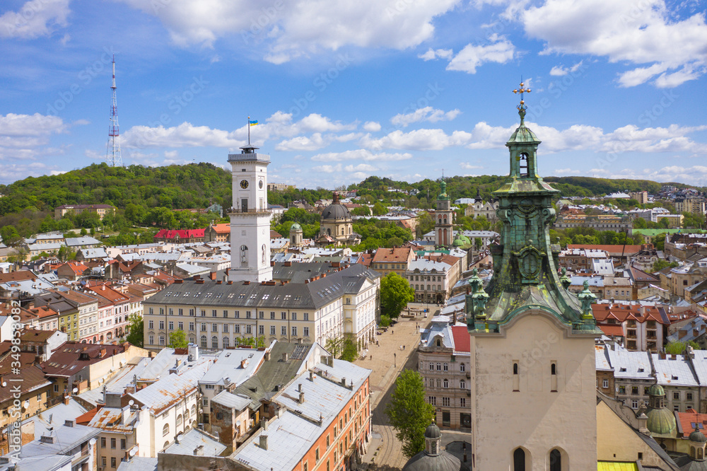 View on Lviv city hall from drone
