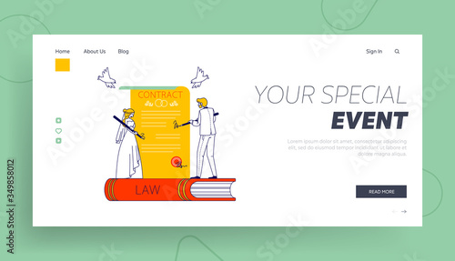 Bridal Ceremony, Notary Formalities, Registration Certificate Landing Page Template. Tiny Couple of Bride and Groom Characters Signing Marriage Contract with Pens. Linear People Vector Illustration