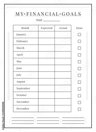 Annual finance goals minimalist planner page design. Yearly resolution for money management. Monthly budget planning bullet journal printable sheet. Personal organizer. Notebook vector template