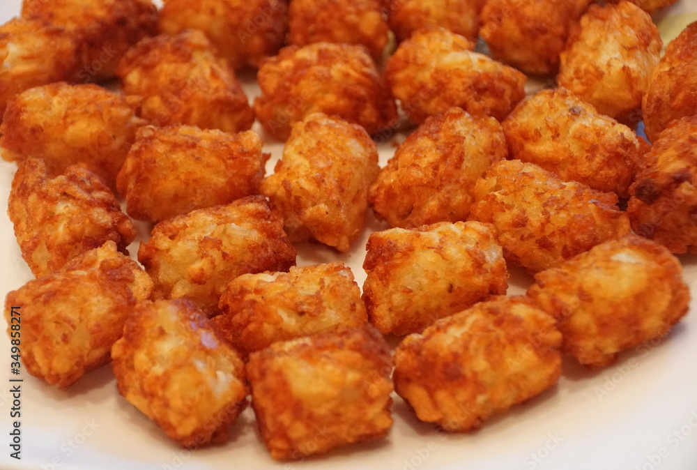 Close up of the fried crispy tator tots on a white plate Close up of the fried crispy tator tots on a white plate