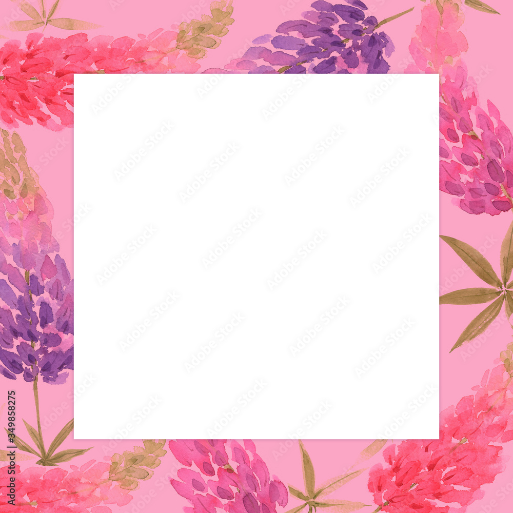 pink frame with flowers, watercolor closeup illustration pink frame with flowers, watercolor closeup illustration