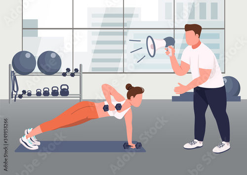 Fitness instructor service flat color vector illustration. Woman working out with coach 2D cartoon character with gym on background. Professional trainer assistance. HIIT, intense workout