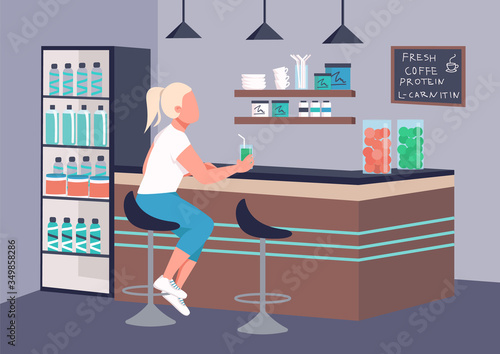 Fitness bar flat color vector illustration. Woman enjoying protein cocktail 2D cartoon character with counter on background. Sportswoman in healthy drinks establishment. Recreational activity