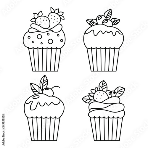 Set of vector outline cupcakes isolated on white background. Food design elements for the menu, bakery logo, web, postcards.