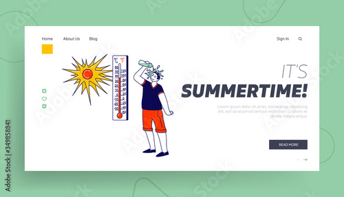 Heat Stroke Landing Page Template. Man Pouring Water from Bottle on Head Avoiding Fierce Heating Sun Rays. Male Character Suffering of High Temperature during Summer Time. Linear Vector Illustration