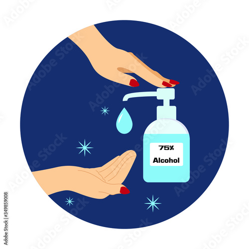 Hand apply 75% sanitizing alcohol spray on another to kill COVID-19 coronavirus. Idea for COVID-19 corona virus outbreak, awareness and prevention. Vector Illustration.
