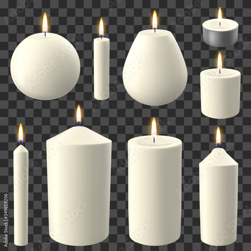 Realistic candles. Holidays candlelight, romantic and cozy flaming wax candle, party celebration burning lights vector illustration set. Candlelight fire romantic, wax candle decoration form