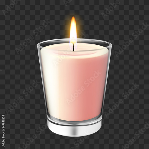 Realistic glass candlestick. Flaming wax candle in glass jar, romantic and cozy aroma burning candlelight vector illustration. Bright realistic romantic candlelight, fire decoration in glass