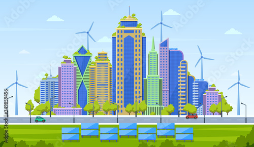Eco city concept. Smart city landscape, urban modern cityscape, eco friendly skyscrapers with alternative energy sources vector illustration. Architecture building skyscraper, green friendly landscape