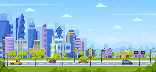 Modern city panorama. Urban town cityscape and nature landscape with suburban houses. Big city panoramic view vector illustration. Panoramic view urban city, cityscape skyscraper house