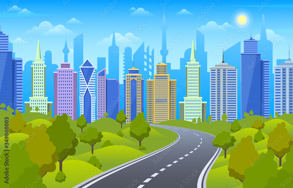 Roadside cityscape. Urban highway with city skyline and park area, downtown, highway view and nature landscape scene vector illustration. Road cityscape, highway urban roadside, town and city view