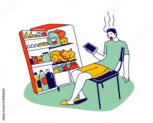 Unhappy Male Character Sweating Sitting at Home with Open Refrigerator Suffering of High Temperature during Summer Time Hot Period. Heat Stroke, Extremal Heating Conditions. Linear Vector Illustration