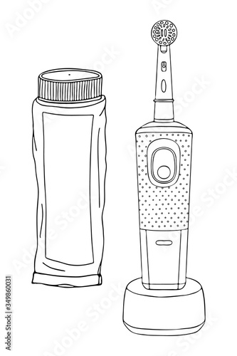 Set products items for daily personal oral hygiene. Large tube toothpaste, electric toothbrush charge unit. Individual accessories for brushing teeth. Vector isolated template doodle realistic drawing