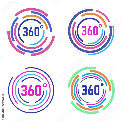Round 360 degrees signs. Circle diagram, 360 degrees angle panorama, circular 360 degree views isolated vector illustration icons set. Circular colored effect, gaming 3d view sign colored