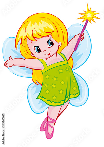 little fairy girl with wings flies and holds a magic wand in her hands, isolated object on a white background, vector illustration, © Oxana Kopyrina