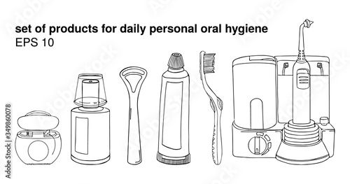 Set products items daily personal oral cavity hygiene. Floss dental, liquid mouthwash scraper cleaning back of tongue toothpaste toothbrush irrigator. Vector isolated template doodle realistic drawing