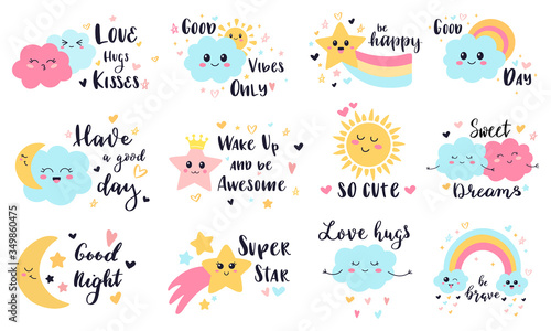 Cute baby labels. Kids sun  cloud and rainbow decorative stickers  cute babies smiling weather characters vector illustration symbols set. Rainbow and sun  summer happy sky with cloud
