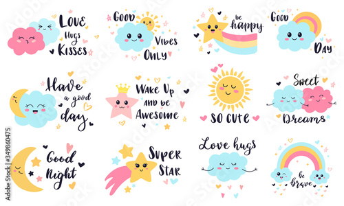 Cute baby labels. Kids sun, cloud and rainbow decorative stickers, cute babies smiling weather characters vector illustration symbols set. Rainbow and sun, summer happy sky with cloud
