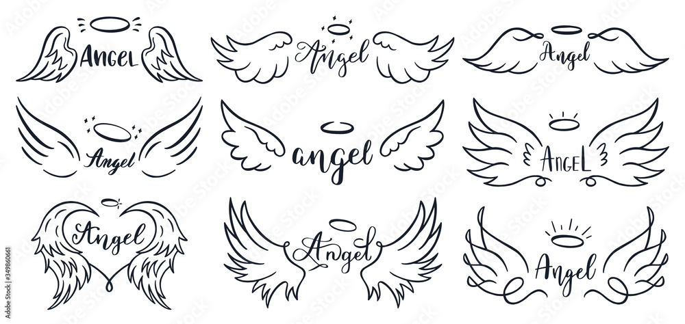 Wings hand drawn lettering. Doodle elegant angel wings phrases, sketched flight feather, winged angel wings and lettering vector illustration set. Sketched lettering, angelic tattoo contour