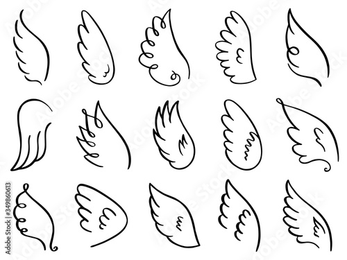 Doodle wings. Hand drawn angel flight feather, elegant angel wings, heaven angels wings sketch vector illustration icons set. Angel bird and dove winged, wing drawn tattoo contour