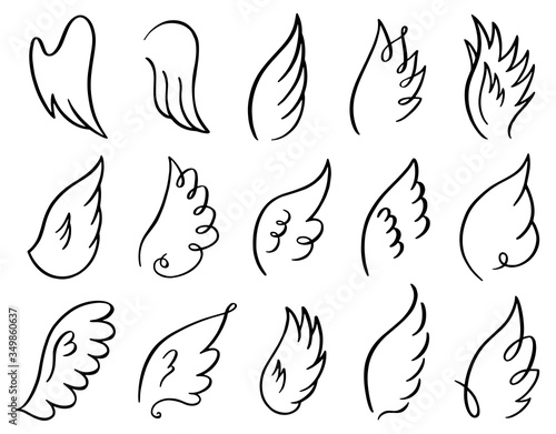 Hand drawn wings. Doodle sketch angel flight feather, angels or birds elegant wings spread, winged angel elements vector illustration icons set. Stroke wing drawn, angelic tattoo contour