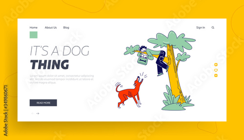 Dog Attack Landing Page Template. Scared Handyman with Toolbox in Hands Sit on Tree. Angry Animal Barking and Jumping Trying to Bite Male Character. Pet Protect Territory. Linear Vector Illustration
