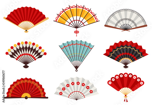 Hand paper fans. Asian traditional folding hand fan, japanese souvenir, wooden chinese hand traditional fans vector illustration icons set. Fan chinese decoration, asian culture souvenir photo
