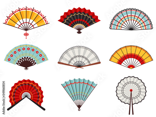 Asian hand fans. Paper folding hand fans, chinese, japanese decorative traditional oriental wooden fans vector illustration icons set. Traditional fan accessory, tradition decoration china folding