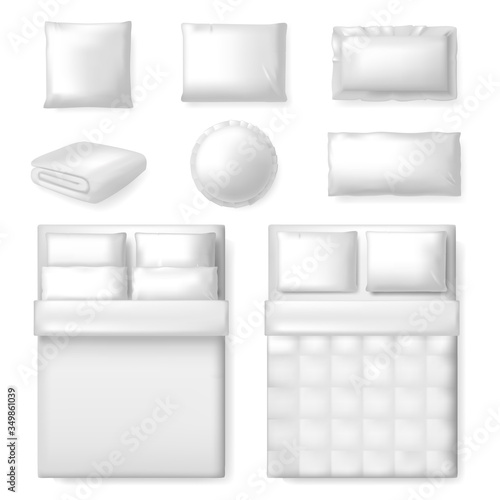 Realistic bedding template. White blank bed, blanket and pillows, comfort textile bedding template, bedroom isolated vector illustration set. Sleep cushion for bedroom, pillow bedding