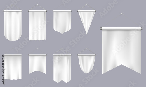 Realistic pennants. White textile 3d flags, blank triangle pennant, empty football team or heraldic templates isolated vector illustration set. Pennant winner, hanged flag, empty canvas textile