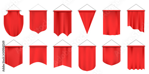 Realistic textile pennants. Empty 3d flags, red fabric hanging pennant, advertising or royal award mockups isolated vector illustration set. Canvas award mockup hanging, 3d pennant to soccer team