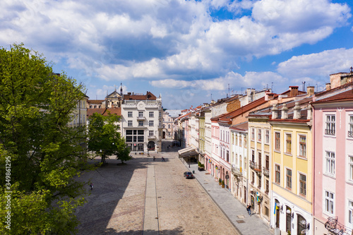 Empty Lviv streets during COVID-19 Quarantine. View on Lviv Market square from drone
