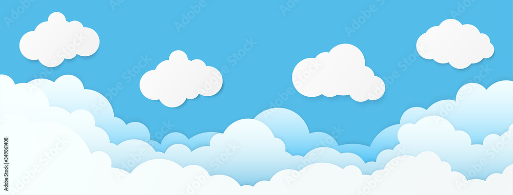Cloud speech bubble on blue sky. Copy space with white blank hanging. paper art vector illustration Cloud speech bubble on blue sky. Copy space with white blank hanging. paper art vector illustration