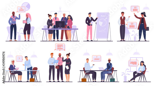 Business team characters. Teamwork business meeting and brainstorming, professional office people conference isolated vector illustration set. Professional teamwork, people business discussion