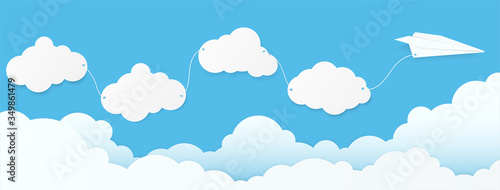 Plane paper and cloud speech bubble on blue sky. Copy space with white blank hanging. paper art vector illustration