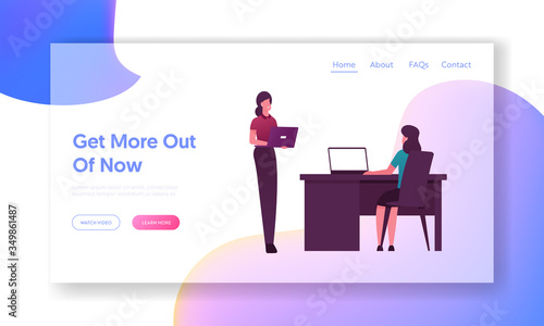 Business Women Office Employees with Laptops Landing Page Template. Female Character with Notebook Work on Computers with Quantum Technology. Mechanical Computation. Cartoon People Vector Illustration