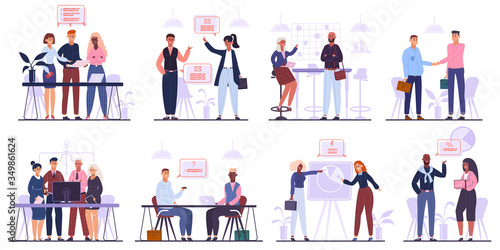 Office workers team. Business meeting, brainstorming and corporate conference, business team characters group isolated vector illustration set. Teamwork meeting and conference, negotiation and deal
