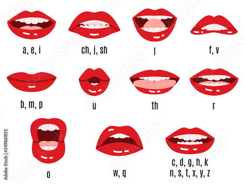 Mouth sound pronunciation. Lips phonemes animation, talking red lips expressions, mouth speech sync pronounce vector isolated symbol set. Mouth speech english, speak sound and talk illustration