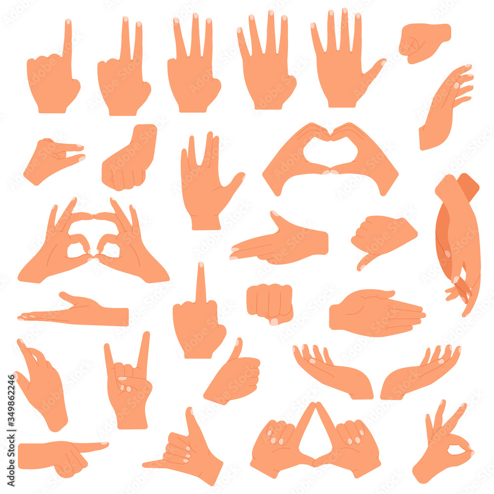 Gesturing hands. Communication hand gesture, pointing, counting fingers, ok sign, palm gesture language vector illustration set. Gesturing signal expression, pointing and handshake