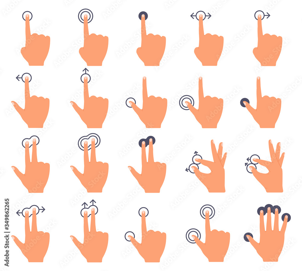 Hand touch screen. Touch swiping interface, hands and swipe gestures, smartphone screen finger tap vector illustration icons set. Gesture smartphone touch, interface thumb and pinch, rotate gesturing