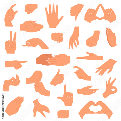 Hand gesture. Pointing hands, gesturing communication language, palm gesture designation isolated vector illustration set. Gesture hand, finger thumb signal, fist and pointing up