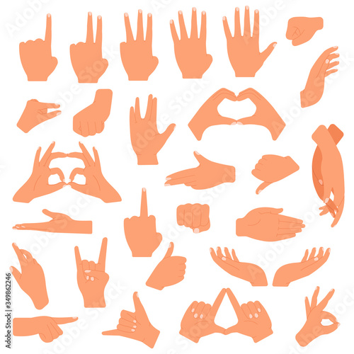 Gesturing hands. Communication hand gesture, pointing, counting fingers, ok sign, palm gesture language vector illustration set. Gesturing signal expression, pointing and handshake