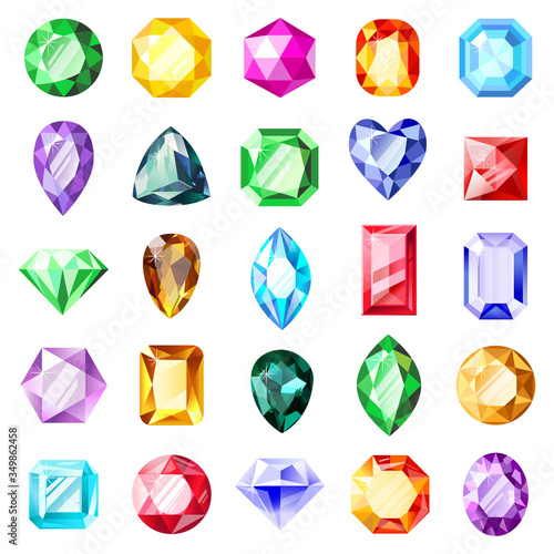 Jewel gemstones. Jewelry crystal gems, diamond jewel precious gemstone, luxury brilliant gems. Crystal jewels vector illustration icons set. Crystal gemstone, jewelry brilliant collection